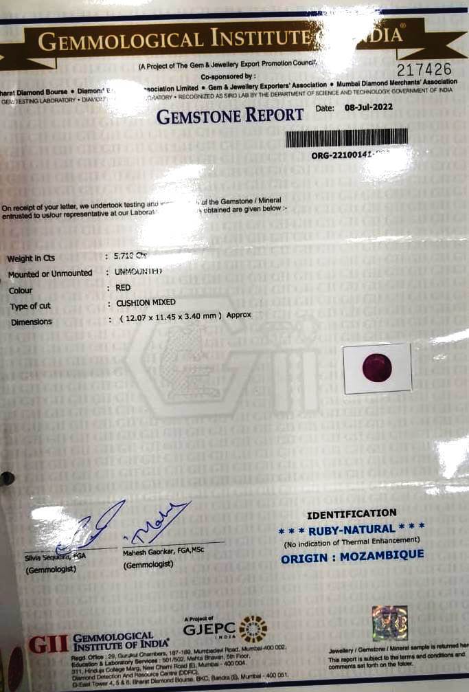 5.71/CT Natural Mozambique Ruby with Govt. Lab Certificate-RUBY9Y