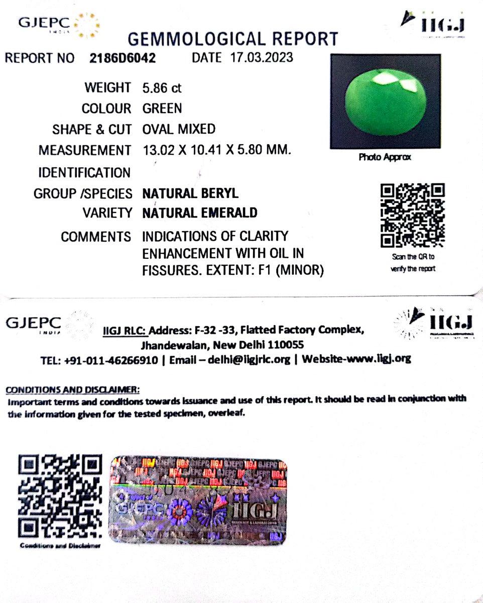 5.86//CT Natural Panna Stone with Govt. Lab Certificate (1221)