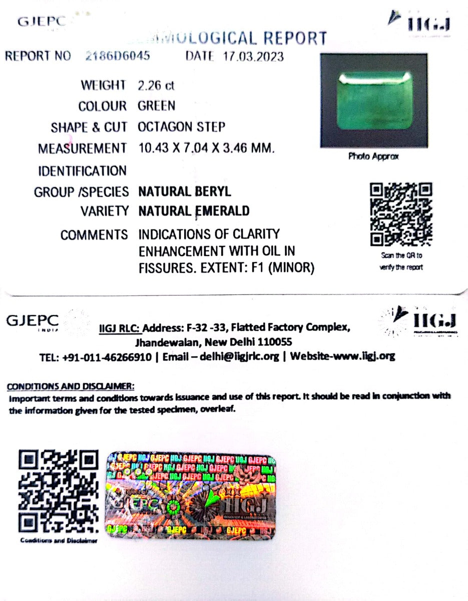 2.26/CT Natural Panna Stone with Govt. Lab Certificate - 2186D6045
