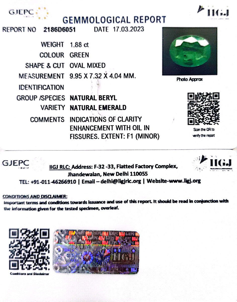 1.88/CT Natural Panna Stone with Govt. Lab Certificate (23310)