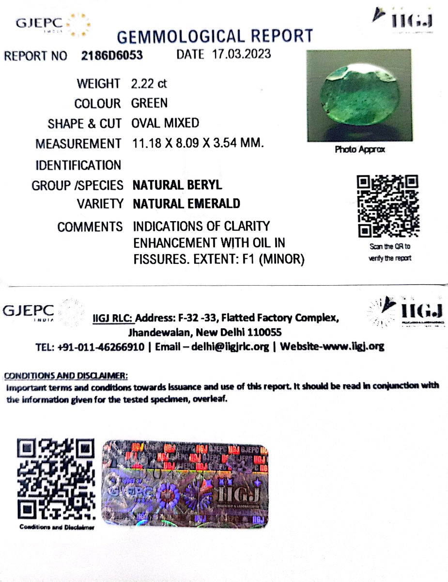 2.22/CT Natural Panna Stone with Govt. Lab Certificate (16650)