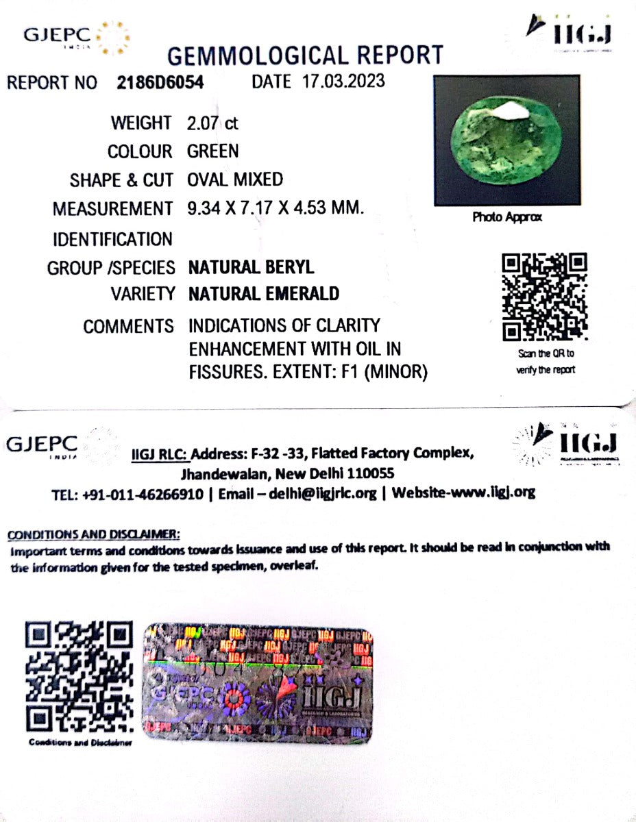 2.07/CT Natural Panna Stone with Govt. Lab Certificate (23310)