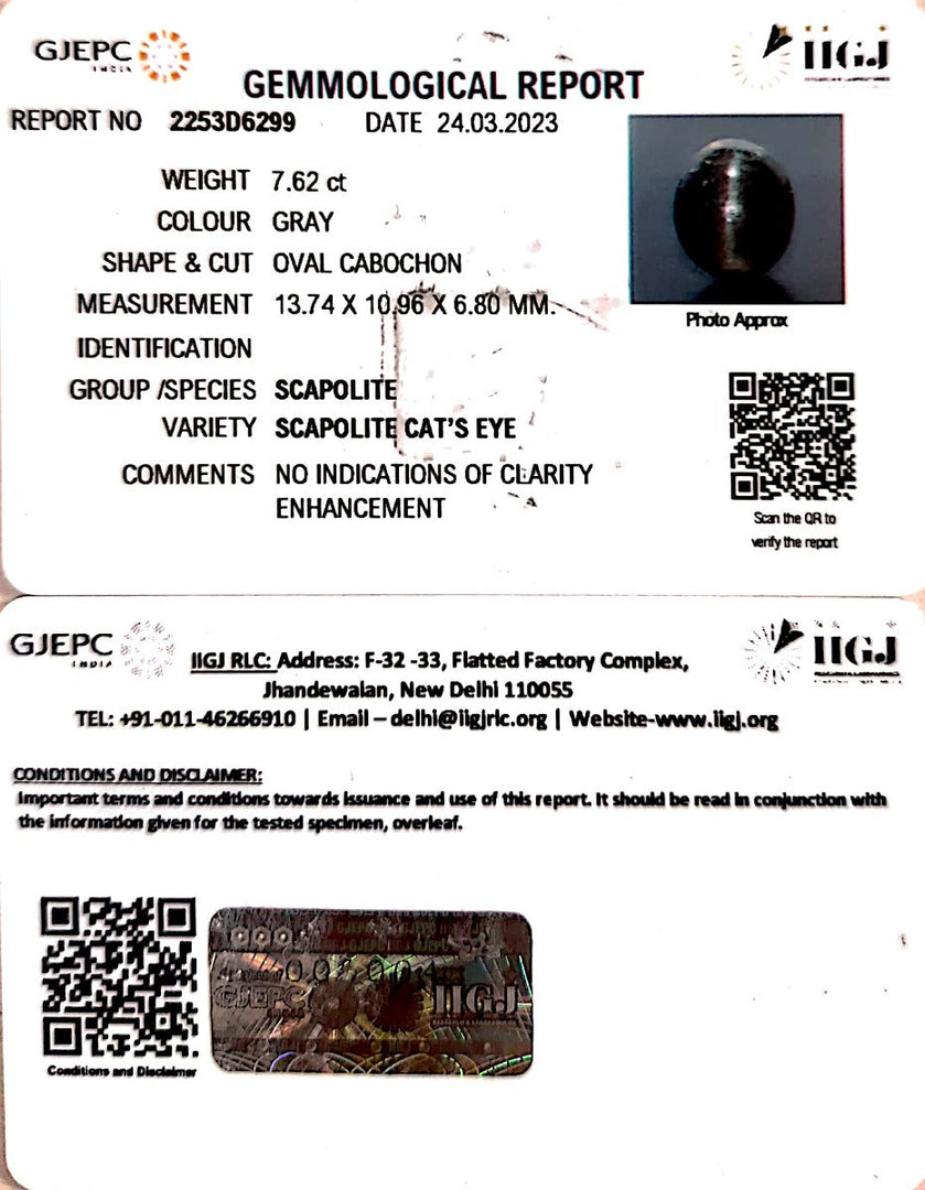 7.62/CT Natural Scapolite Cat's Eye with Govt. Lab Certified-(1221)