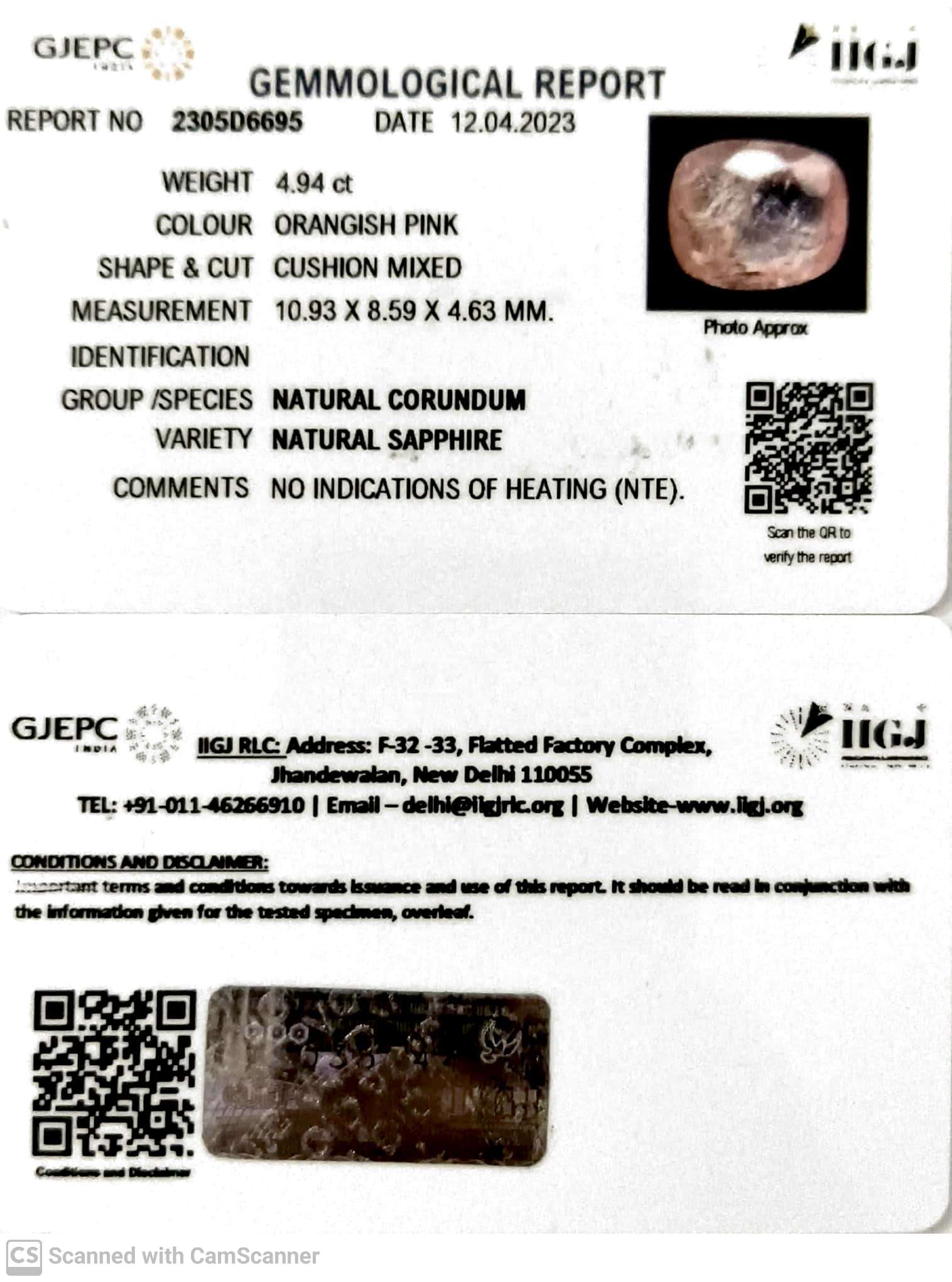 4.94/CT Natural Pink Sapphire with Govt Lab Certificate-(45510)