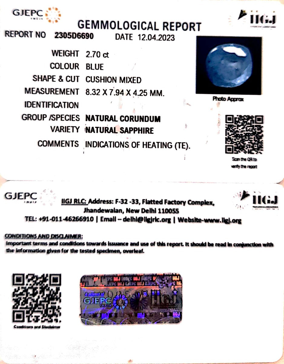 2.70/CT Natural Blue Sapphire with Govt Lab Certificate-BLUSA9S