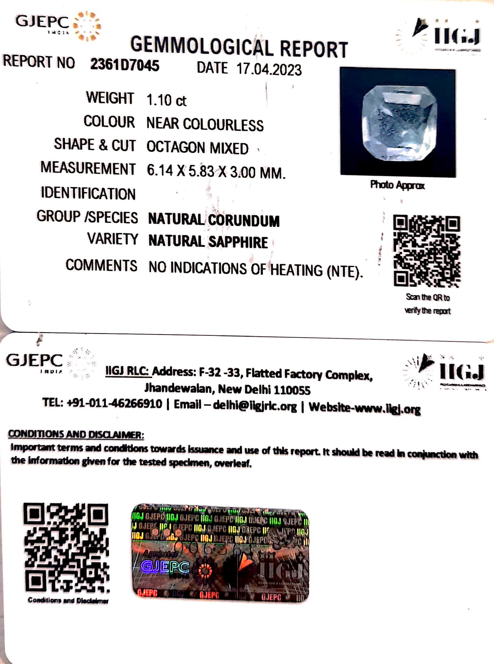 1.10/CT Natural White Sapphire with Govt Lab Certificate-2361D7045