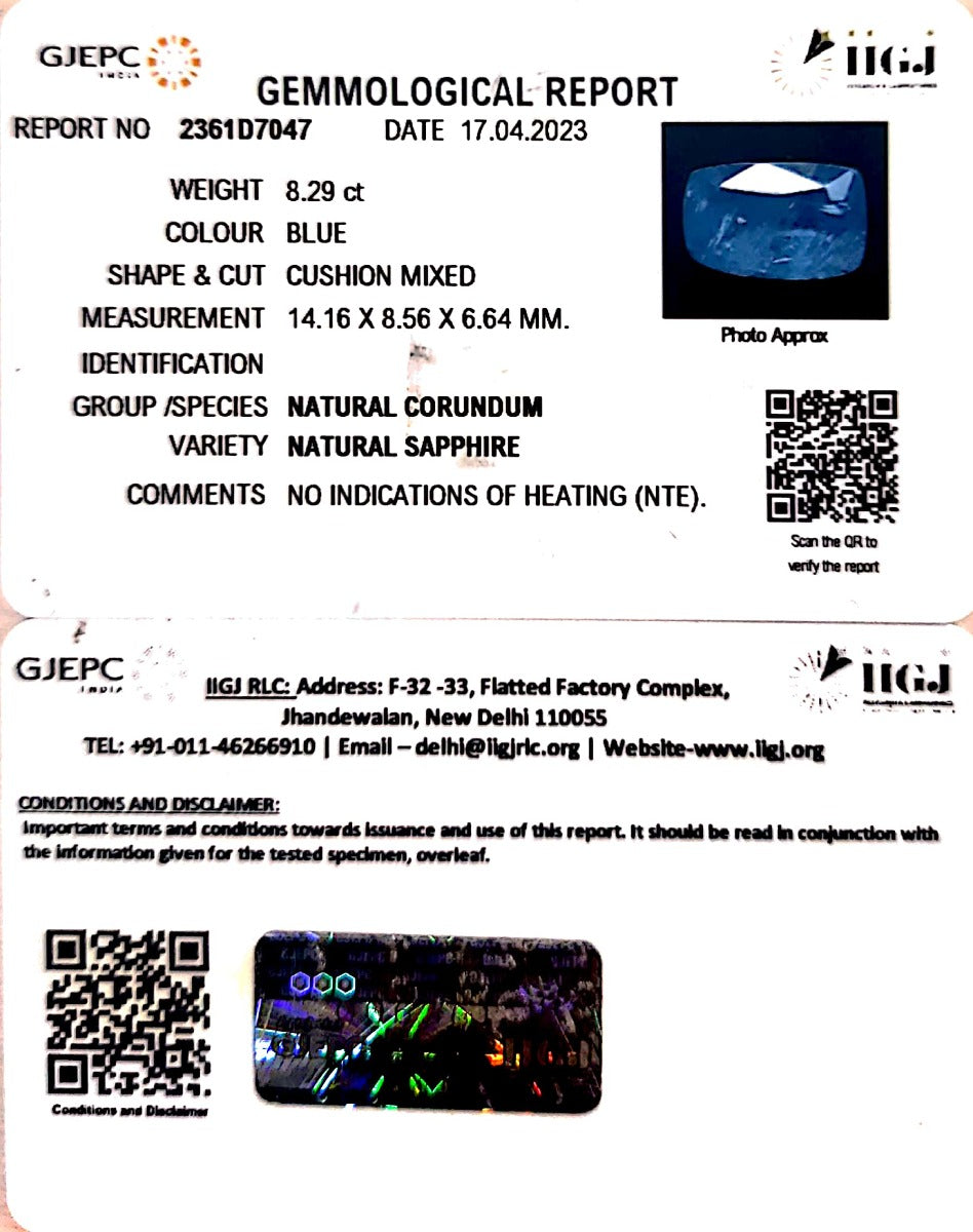 8.29/CT Natural Blue Sapphire with Govt Lab Certificate-BLUSA9S
