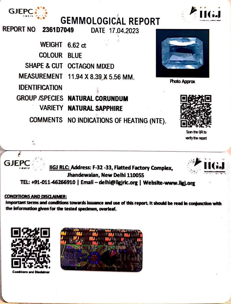 6.62/CT Natural Blue Sapphire with Govt Lab Certificate