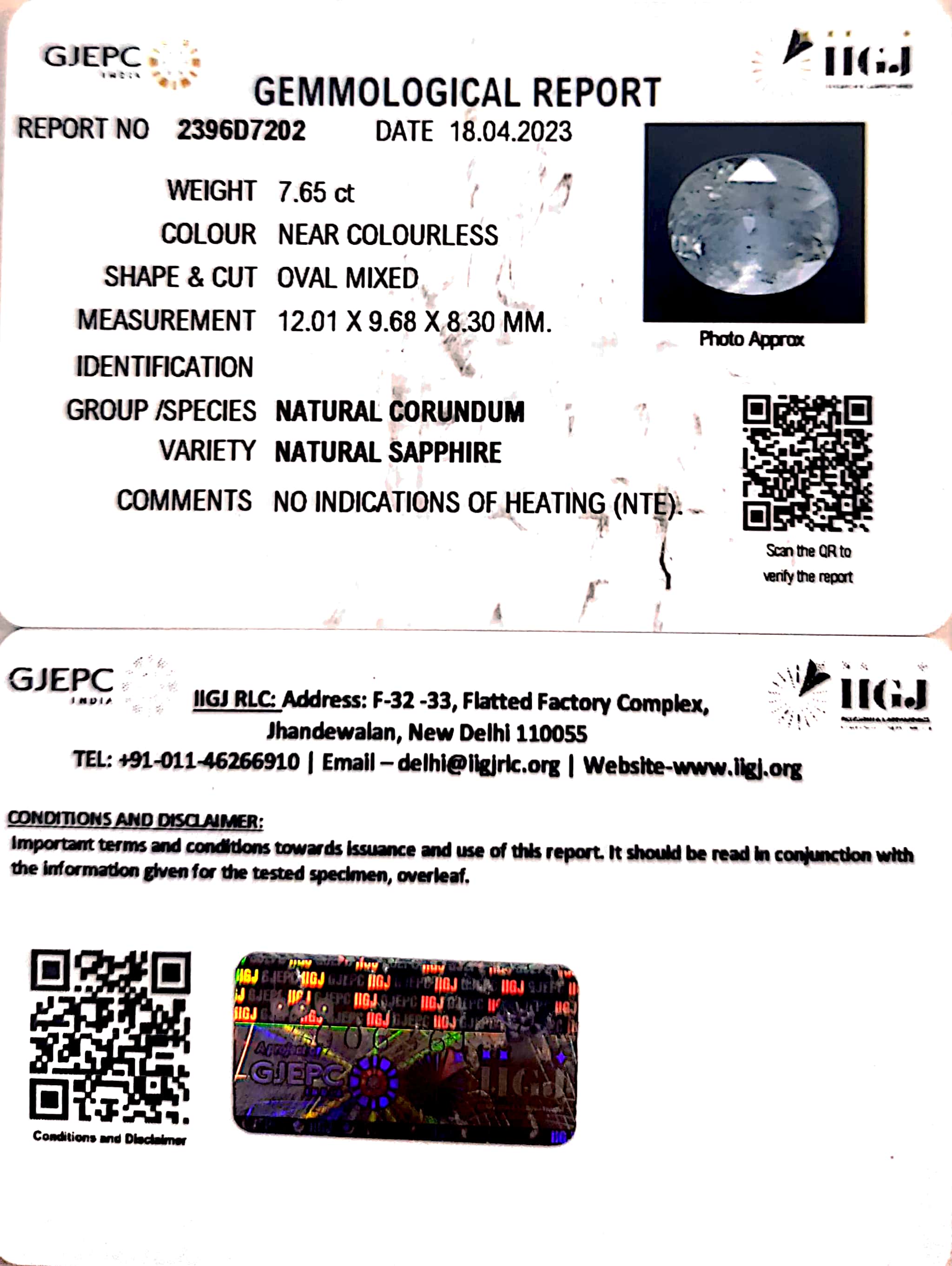 7.65/CT Natural White Sapphire with Govt Lab Certificate-2396D7202