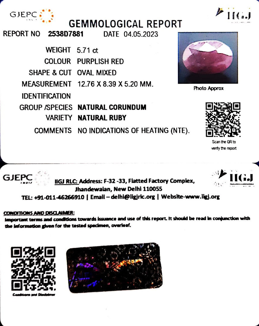 5.71/CT Natural Neo Burma Ruby with Govt. Lab Certificate (4551)