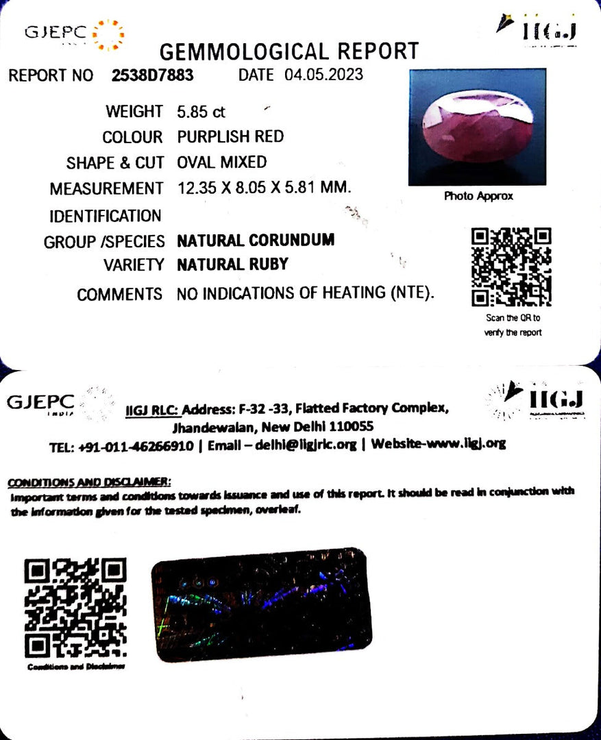 5.85/CT Natural Neo Burma Ruby with Govt. Lab Certificate (4551)
