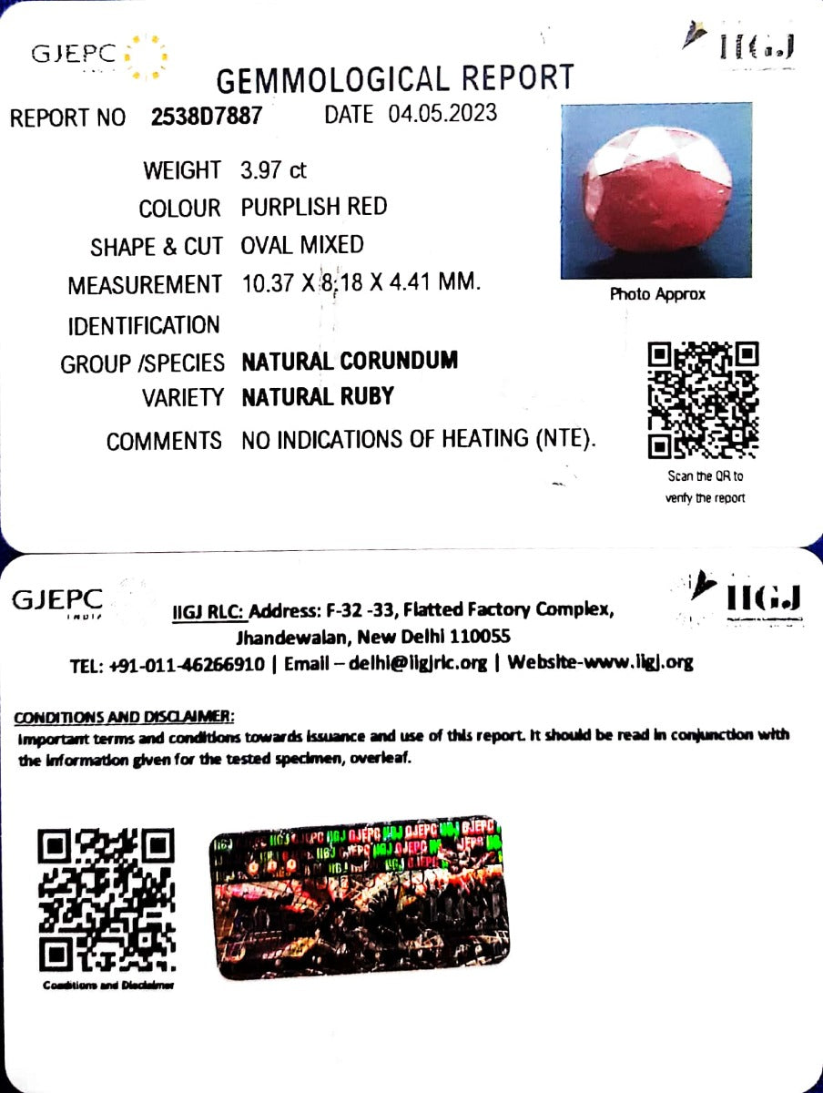 3.97/CT Natural Neo Burma Ruby with Govt. Lab Certificate (3441)