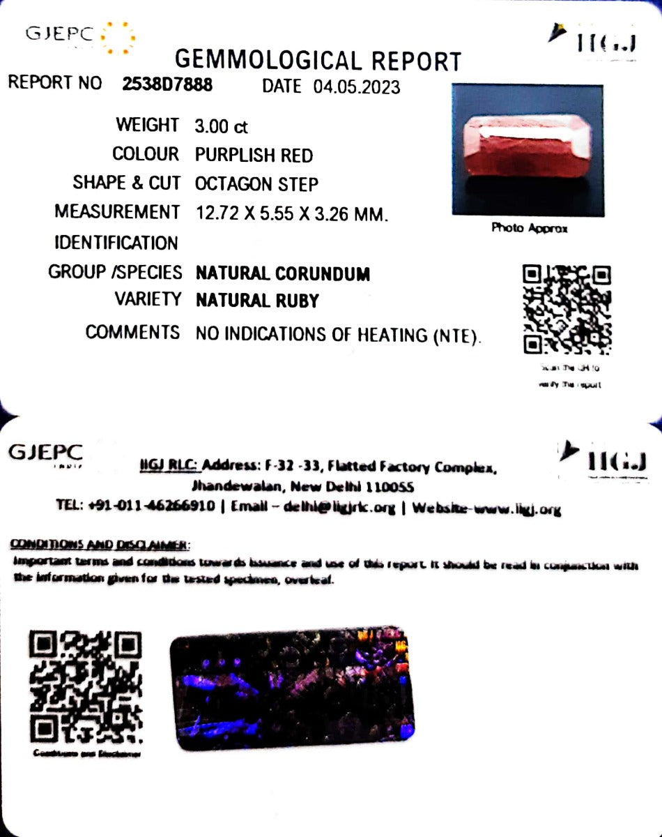 3.00/CT Natural Neo Burma Ruby with Govt. Lab Certificate (2331)