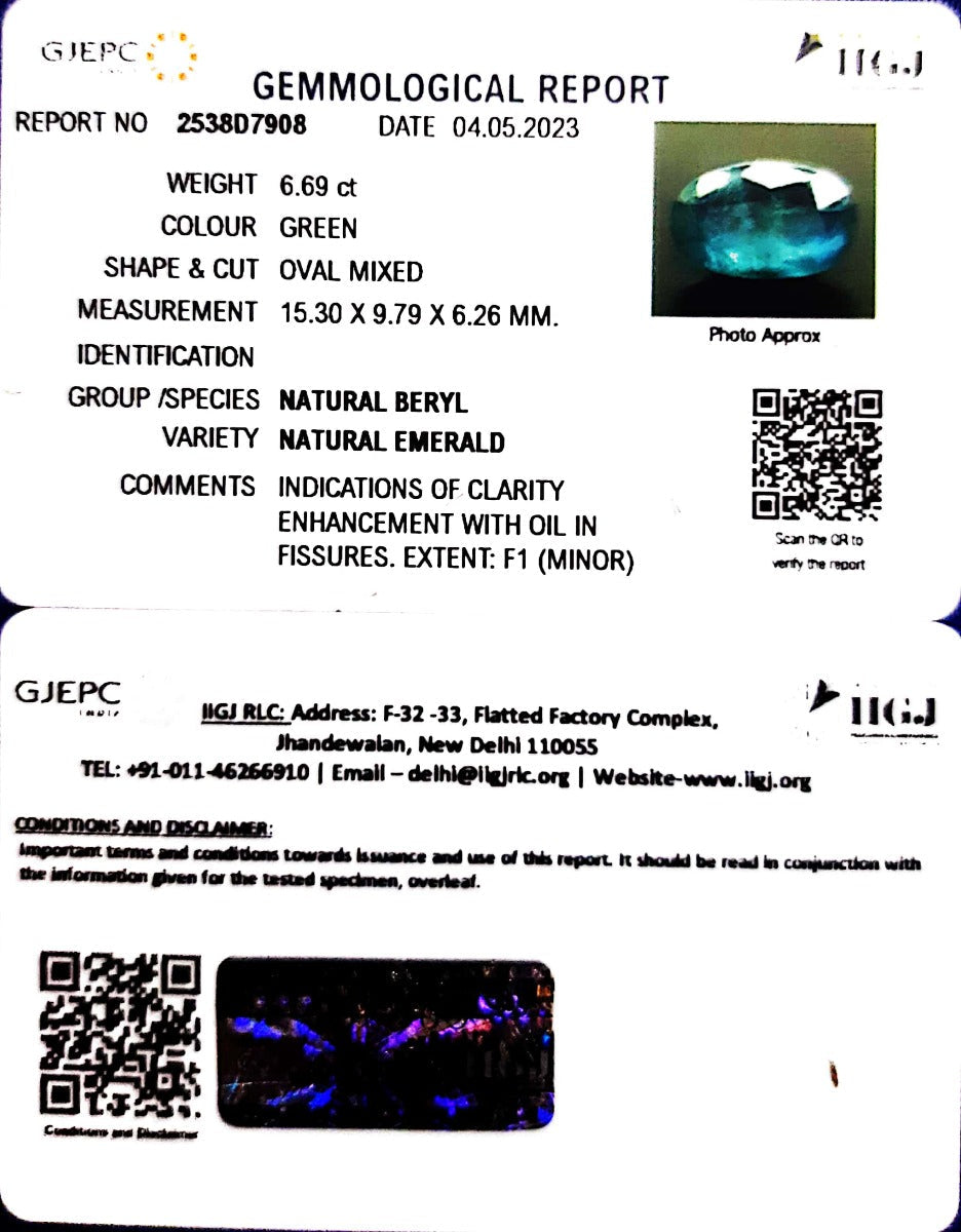 6.69/CT Natural Panna Stone with Govt. Lab Certificate (16650)