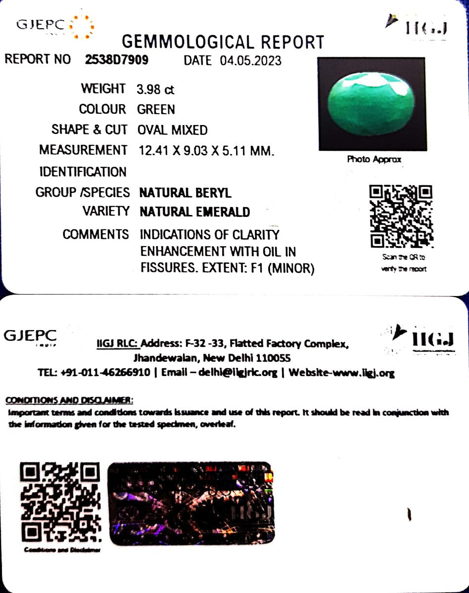 3.98/CT Natural Panna Stone with Govt. Lab Certificate-2538D7909