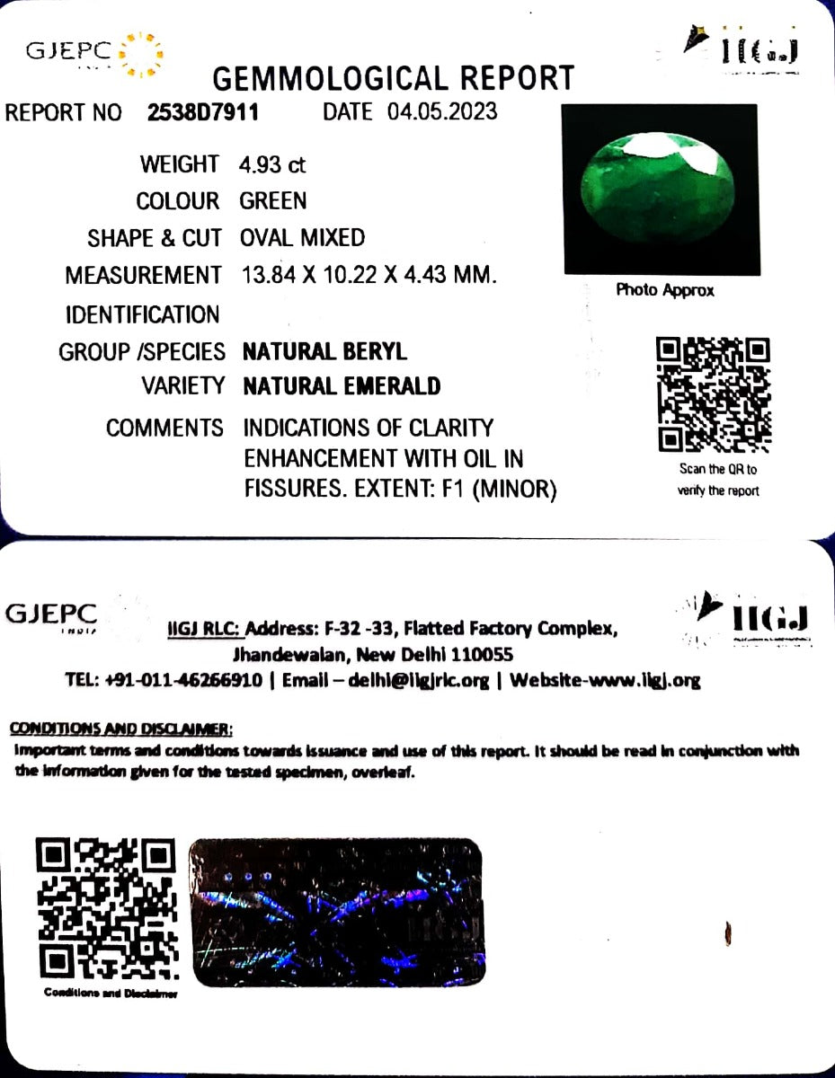 4.93/CT Natural Panna Stone with Govt. Lab Certificate (1221)