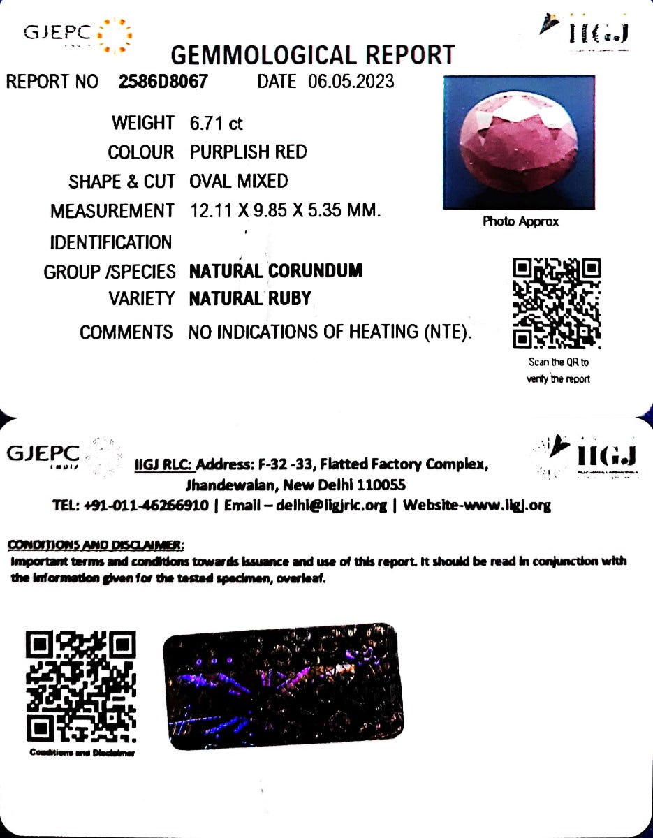 6.71/CT Natural Indian Ruby with Govt. Lab Certificate (2586D8067)