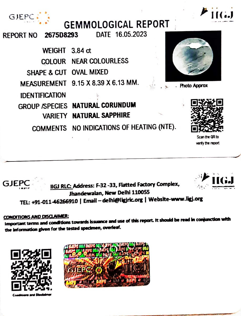 3.84/CT Natural White Sapphire with Govt Lab Certificate (4551)