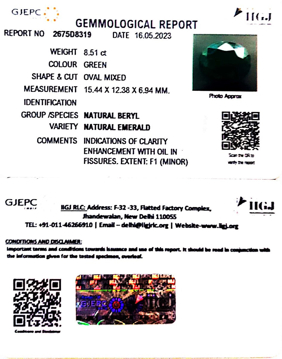 8.51/CT Natural Panna Stone with Govt. Lab Certificate (34410)