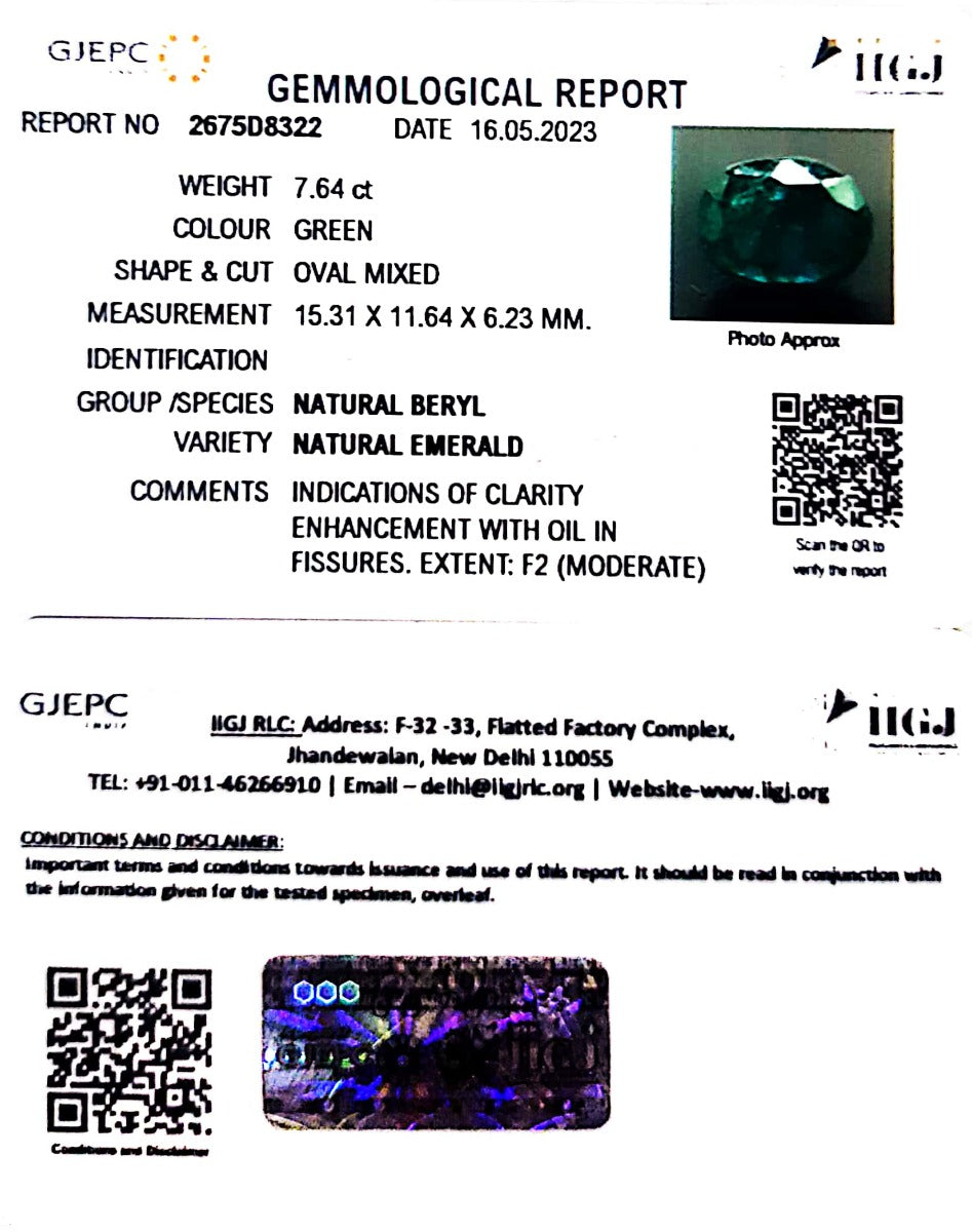 7.64/CT Natural Panna Stone with Govt. Lab Certificate (23310)