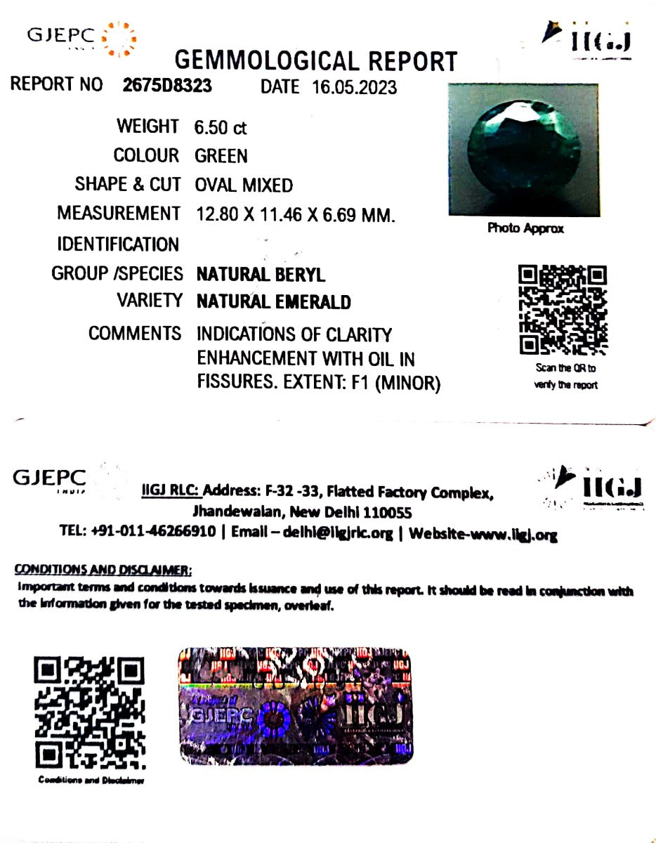 6.50/CT Natural Panna Stone with Govt. Lab Certificate (16650)