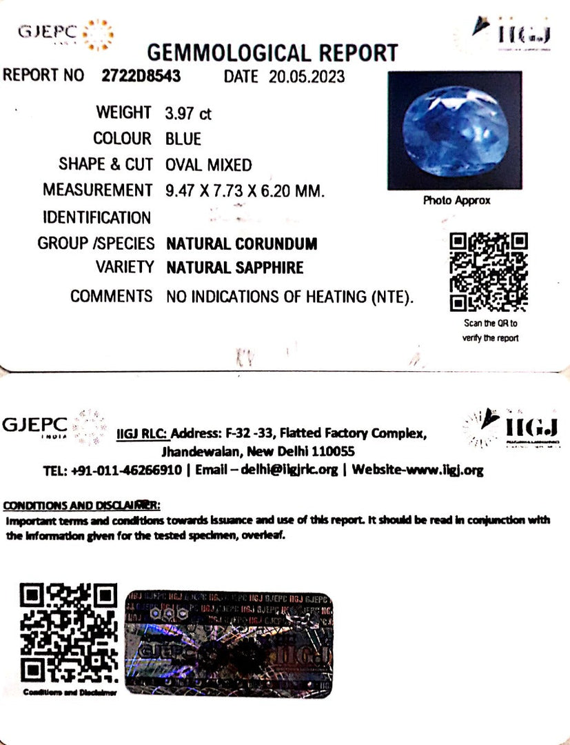 3.97/CT Natural Blue Sapphire with Govt Lab Certificate-BLUSA9U