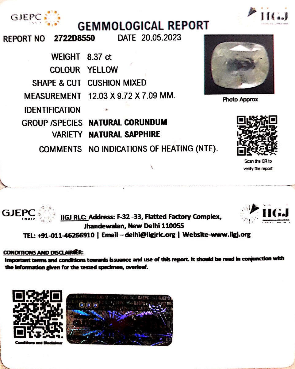 8.37/CT Natural Ceylonese Pukhraj with Govt Lab Certificate (YELSA9T)