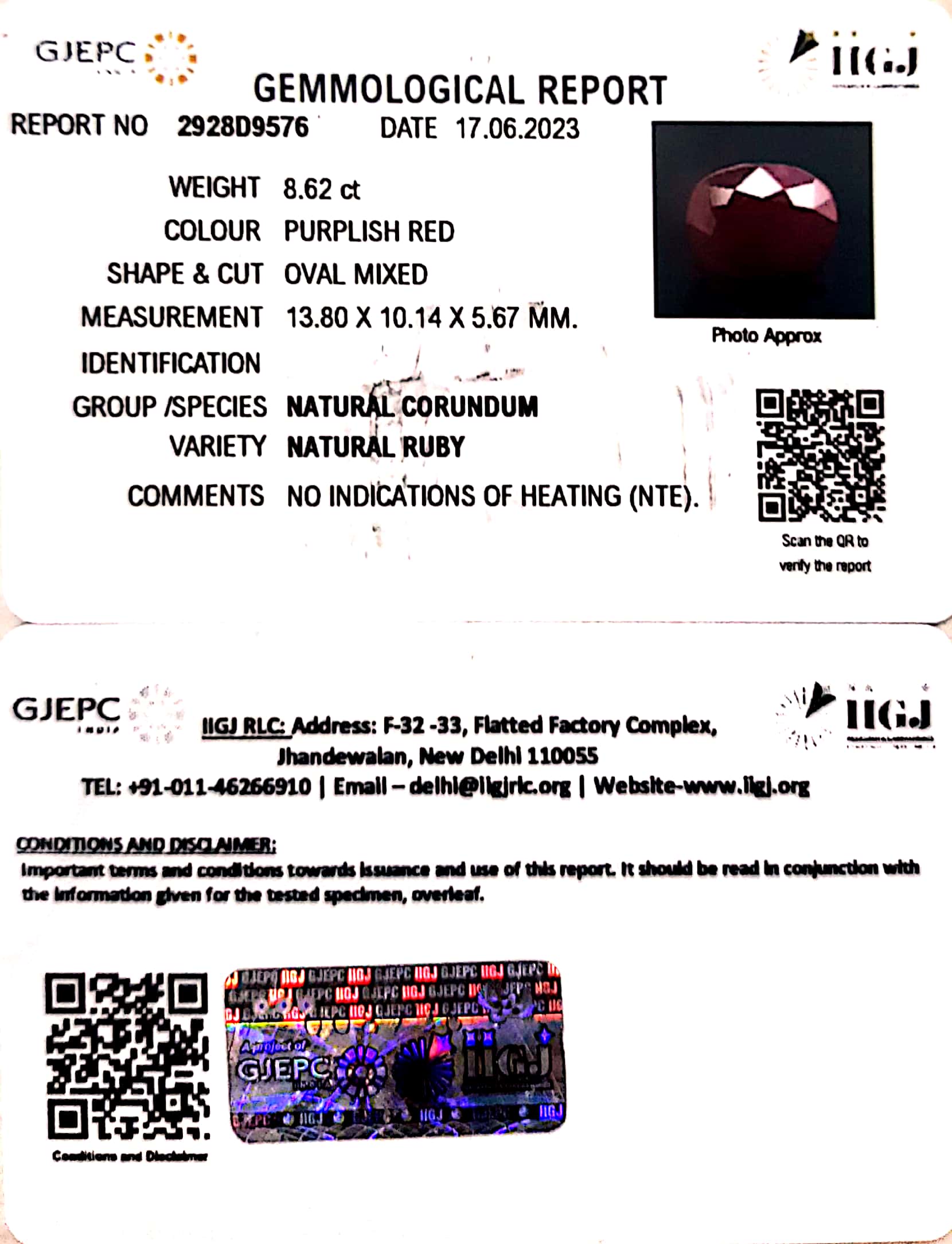 8.62/CT Natural Ruby with Govt. Lab Certificate