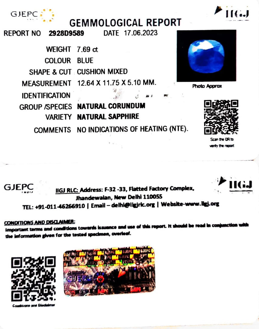 7.69/CT Natural Blue Sapphire with Govt Lab Certificate (4551)