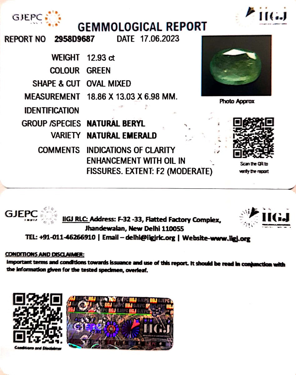 12.93/CT Natural Panna Stone with Govt. Lab Certificate (12210)