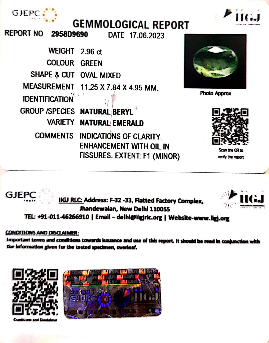 2.96/CT Natural Panna Stone with Govt. Lab Certificate (12210)