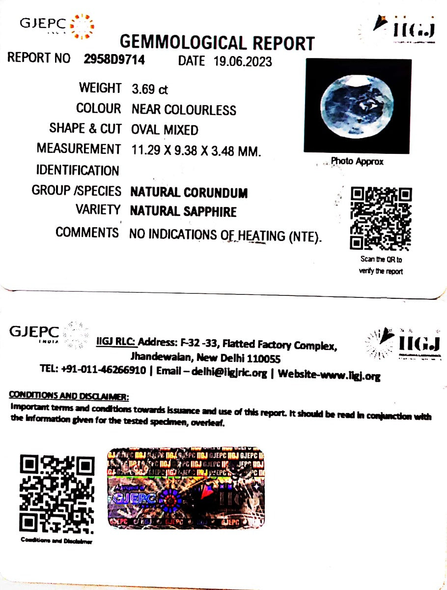 3.69/CT Natural White Sapphire with Govt Lab Certificate (6771)