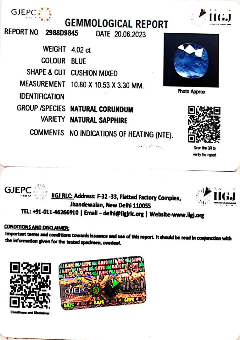 4.02/CT Natural Blue Sapphire with Govt Lab Certificate (6771)
