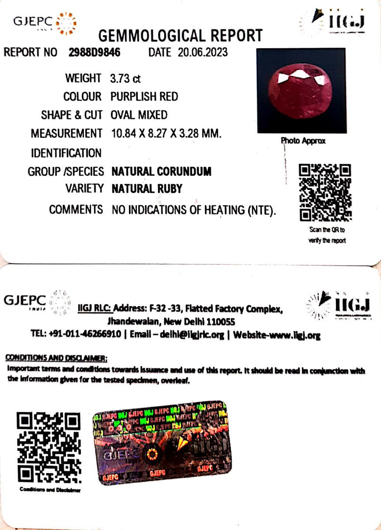 3.73/CT Natural Mozambique Ruby with Govt. Lab Certificate (RUBY9U)