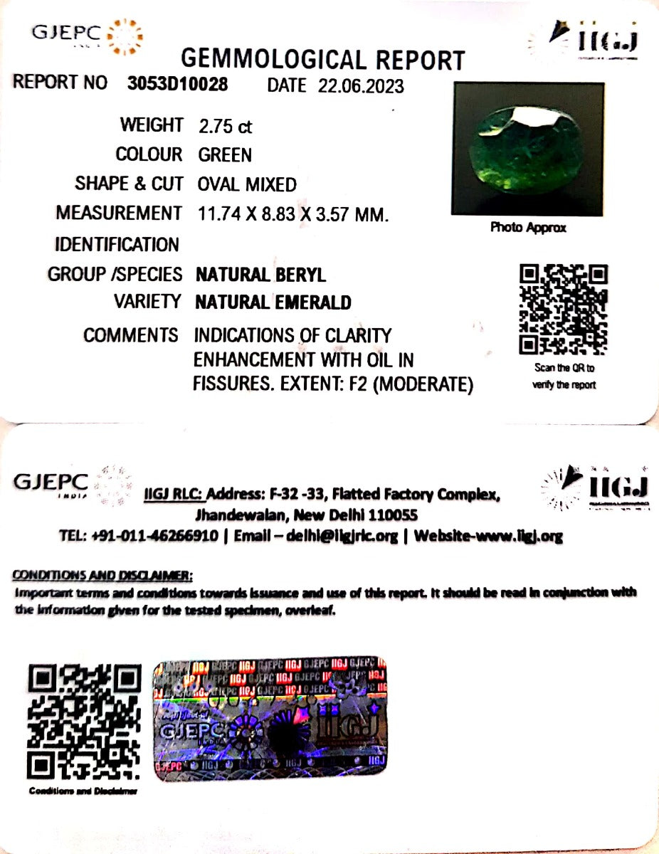 2.75/CT Natural Panna Stone with Govt. Lab Certificate (56610)