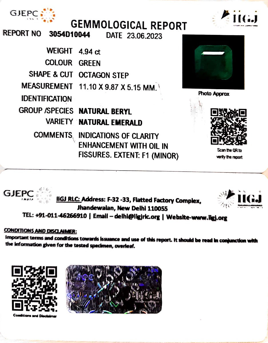 4.94/CT Natural Panna Stone with Govt. Lab Certificate (3054D10044)