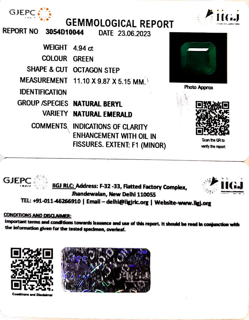 4.94/CT Natural Panna Stone with Govt. Lab Certificate (3441)