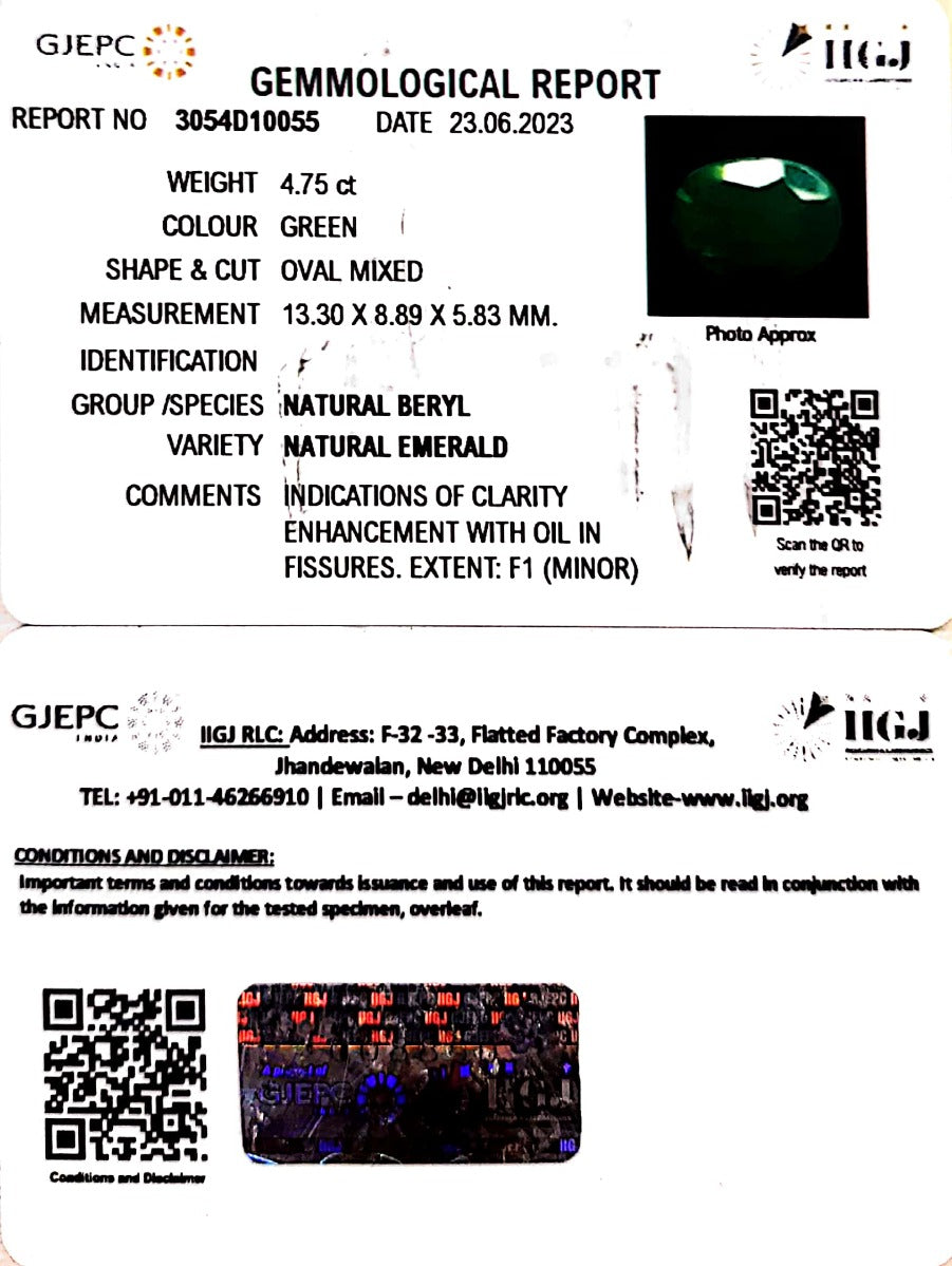 4.75/CT Natural Panna Stone with Govt. Lab Certificate (2331)