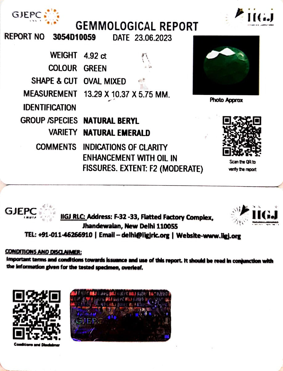 4.92/CT Natural Panna GemStone with Govt. Lab Certificate (3054D10059)
