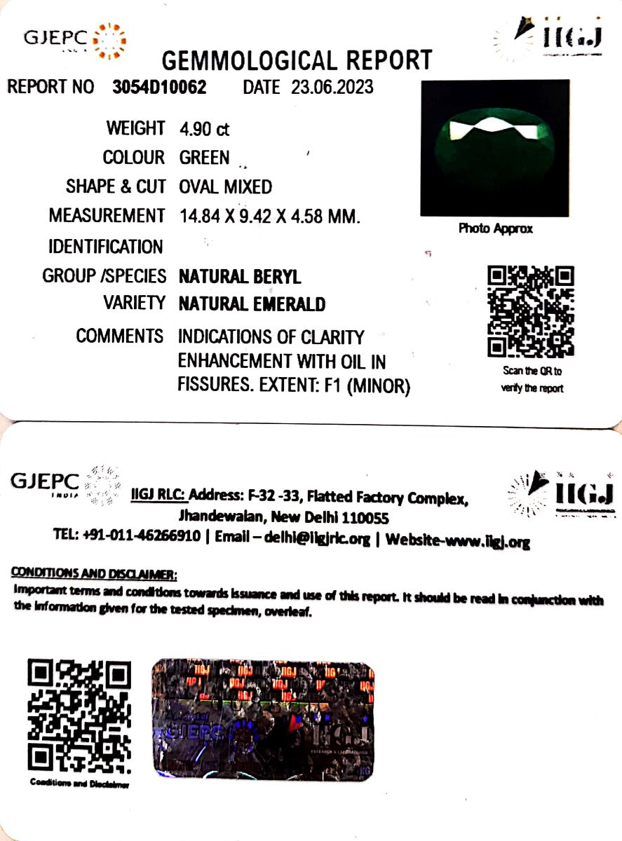 4.90/CT Natural Panna Stone with Govt. Lab Certificate (1221)