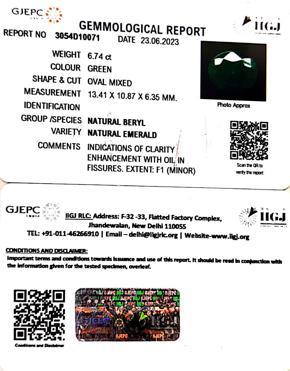 6.74/CT Natural Panna Stone with Govt. Lab Certificate (8991)