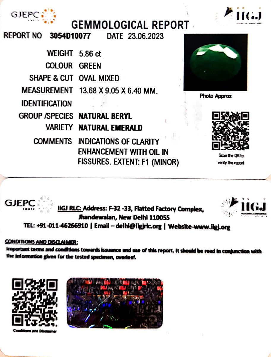 5.86/CT Natural Panna Stone with Govt. Lab Certificate (3441)