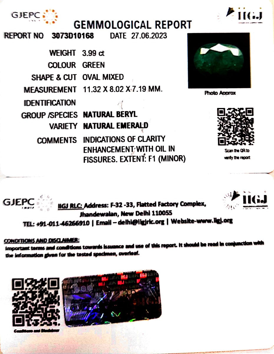 3.99/CT Natural Panna Stone with Govt. Lab Certificate (3073D10168)