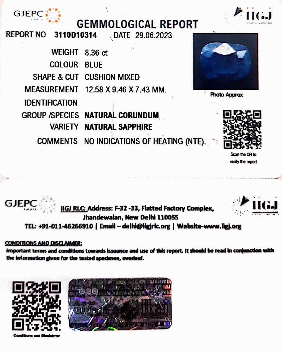 8.36/CT Natural Blue Sapphire with Govt Lab Certificate-(3441)
