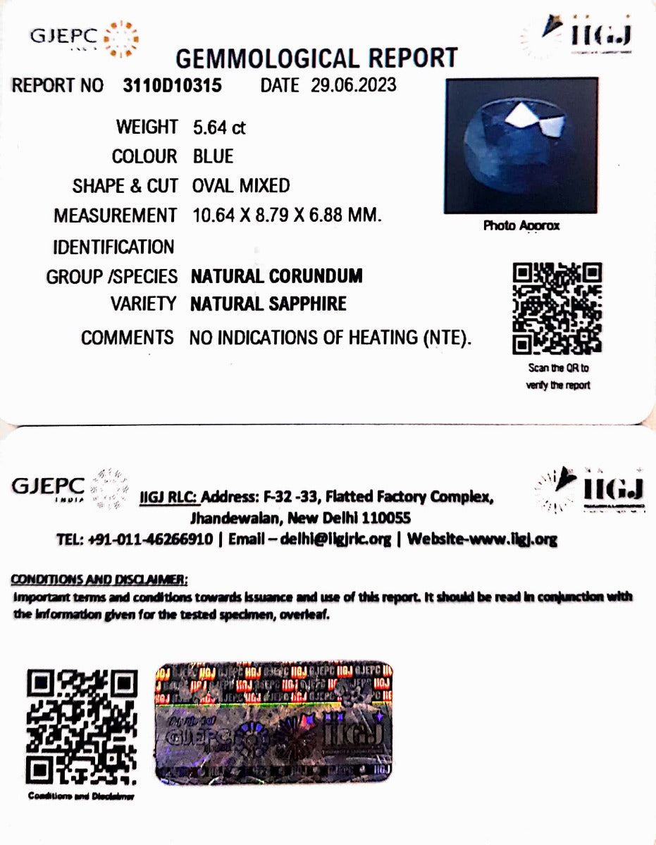 5.64/CT Natural Blue Sapphire with Govt Lab Certificate-(3441)