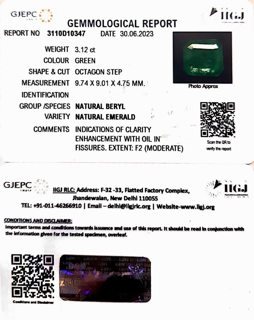 3.12/CT Natural Panna Stone with Govt. Lab Certificate (1221)