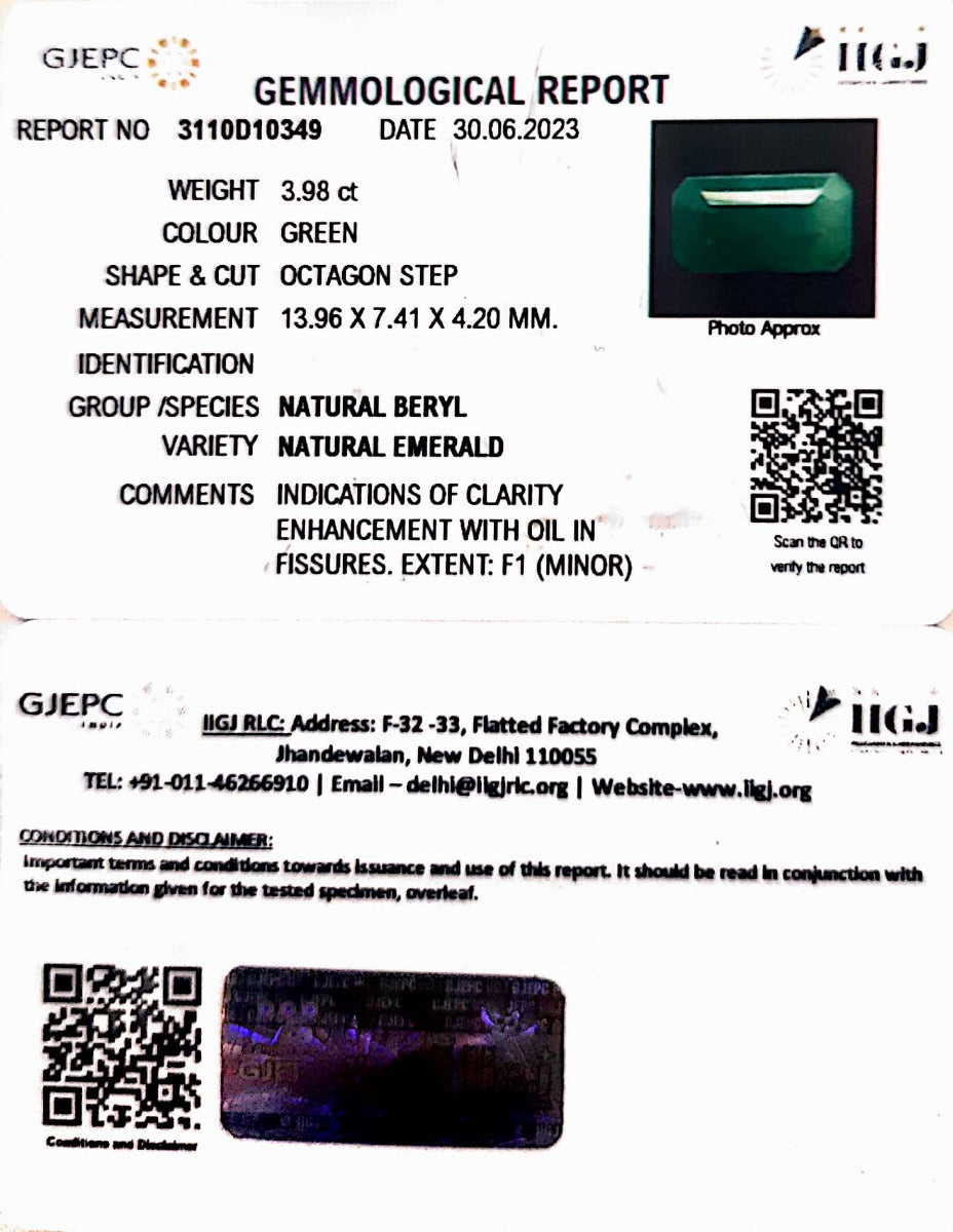 3.98/CT Natural Panna Stone with Govt. Lab Certificate-3110D10349