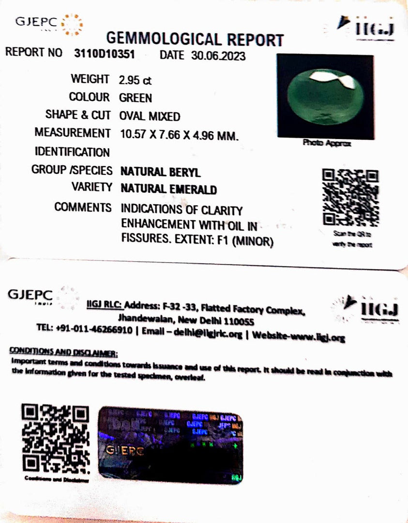 2.95/CT Natural Panna Stone with Govt. Lab Certificate (6771)