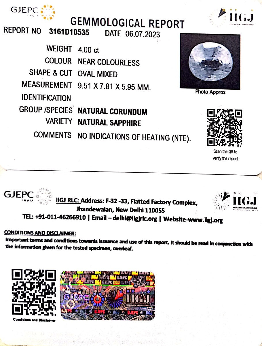 4.00/CT Natural White Sapphire with Govt Lab Certificate (23310)