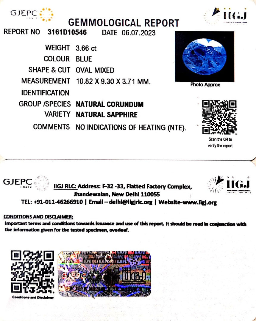 3.66/CT Natural Blue Sapphire with Govt Lab Certificate (8991)